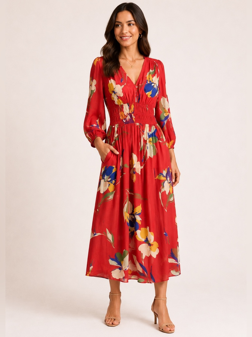 Shoshanna Emanuela Floral Smocked Waist Midi Dress V Neck Long Sleeve Red 4 NWT